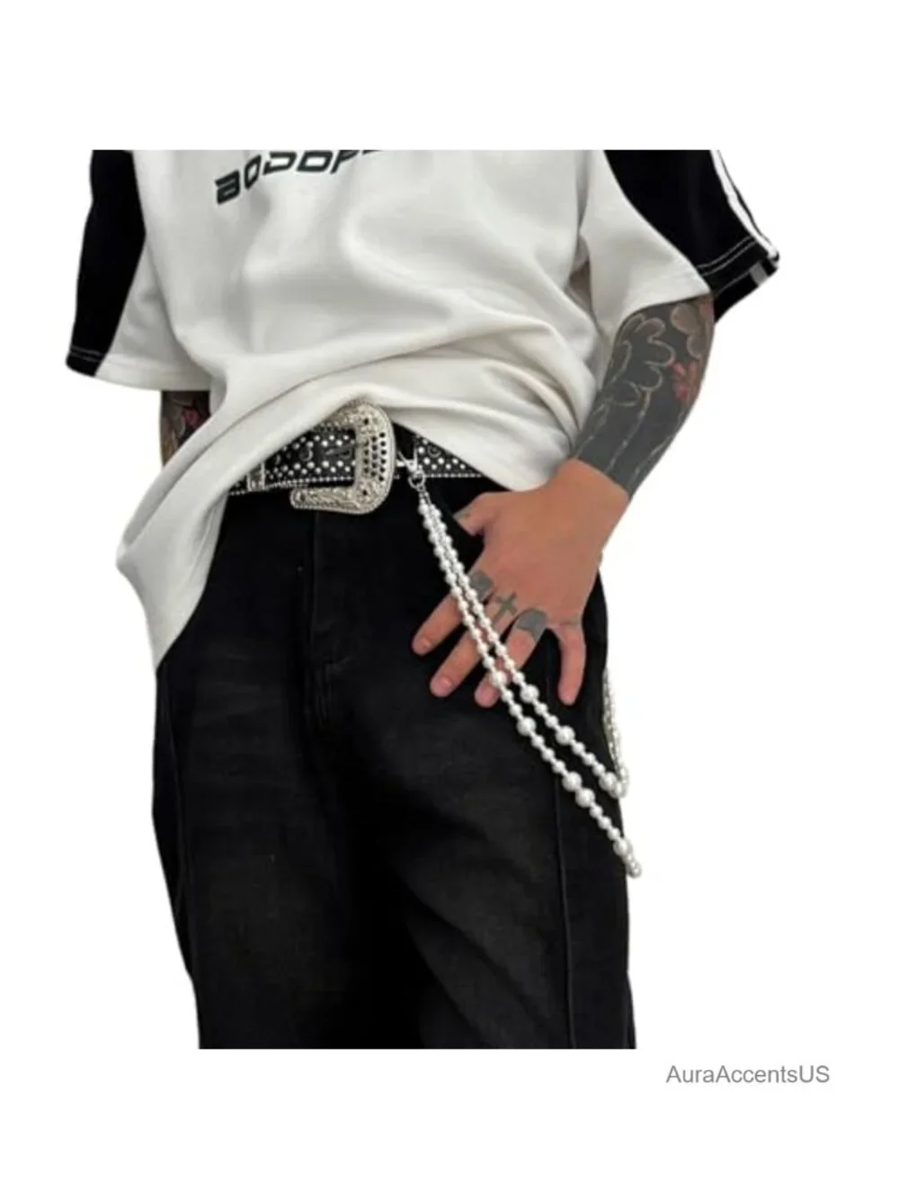 White Pearl Layers Rhinestone Chain Wallet Pants Chain for Men Women